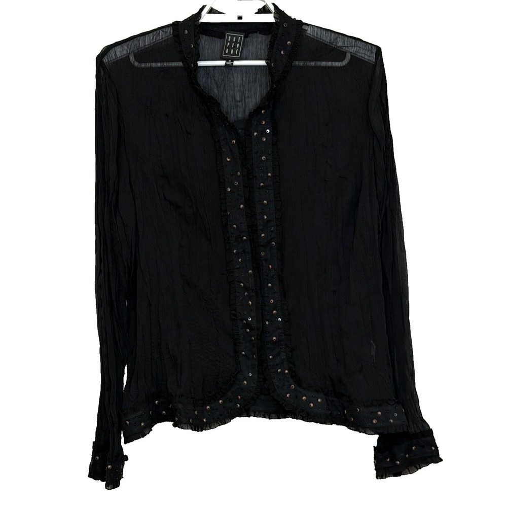 Due Per Due Button Up Top Sz 16‎ Black Chiffon Semi Sheer Whimsygoth Fairy Y2K